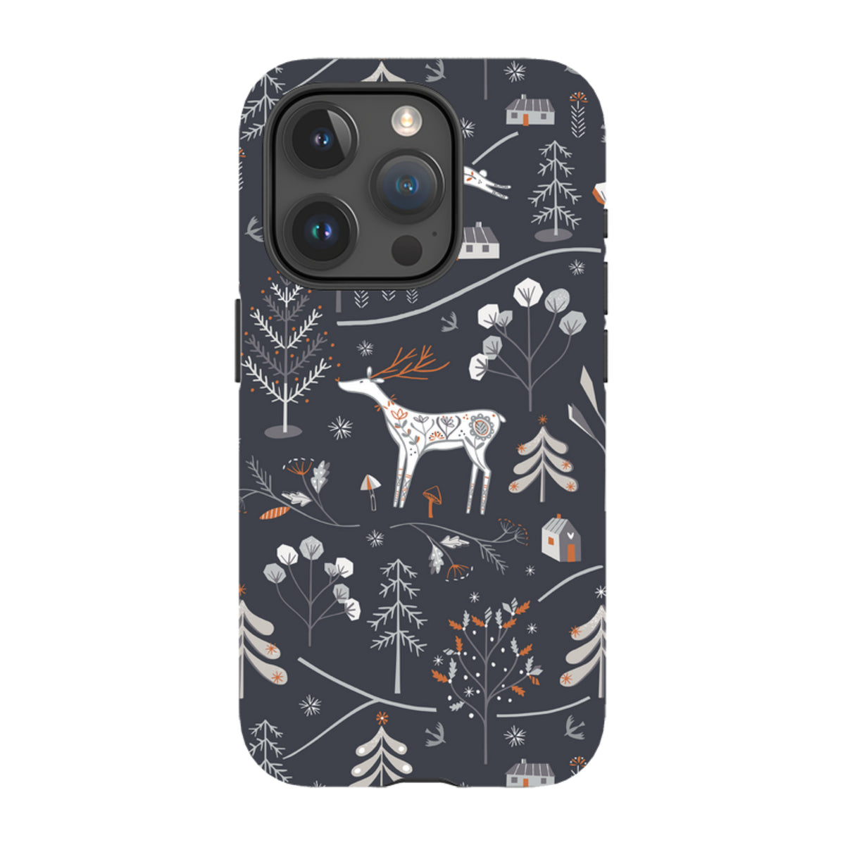 Dual-layer iPhone case featuring a dark grey winter forest pattern with white deer, stylized trees, and cabins.