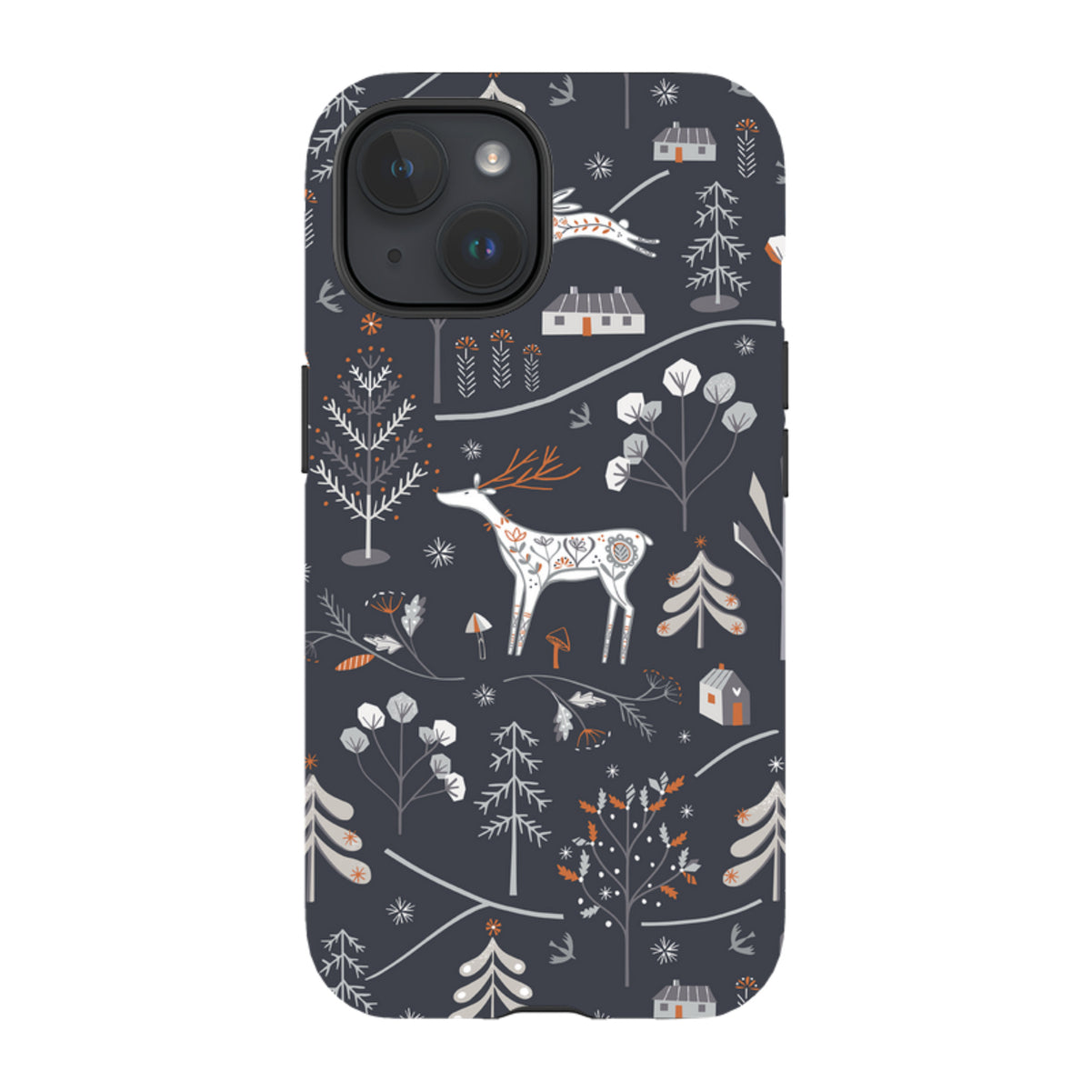 iPhone tough case featuring a dark grey winter forest pattern with white deer, stylized trees, and small cabins.