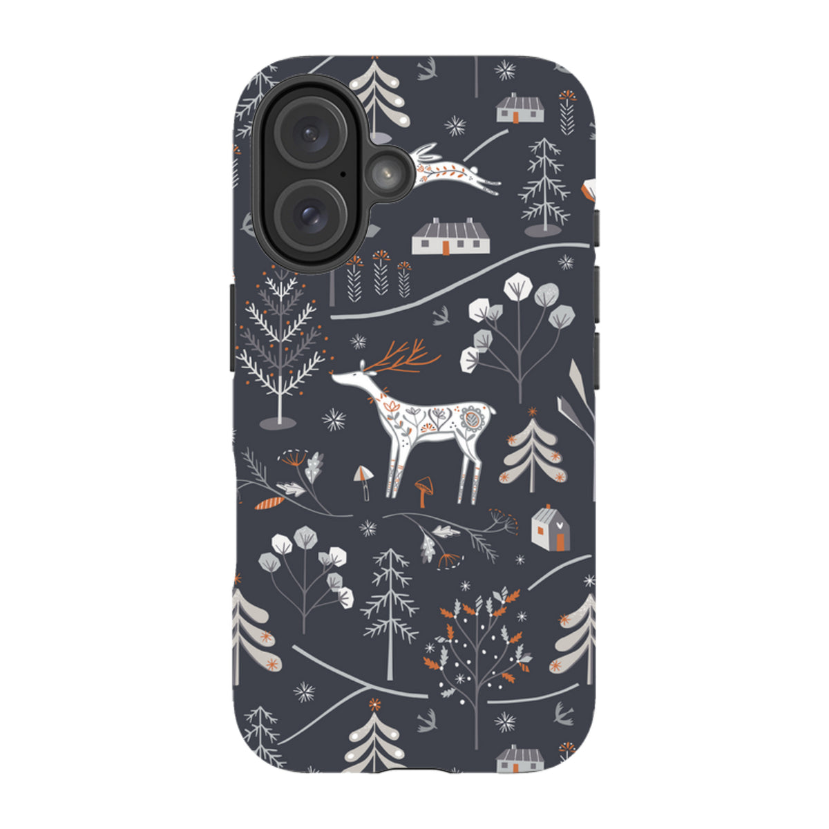 Dual-layer iPhone tough case featuring a dark grey winter forest pattern with white deer, trees, and cabins.