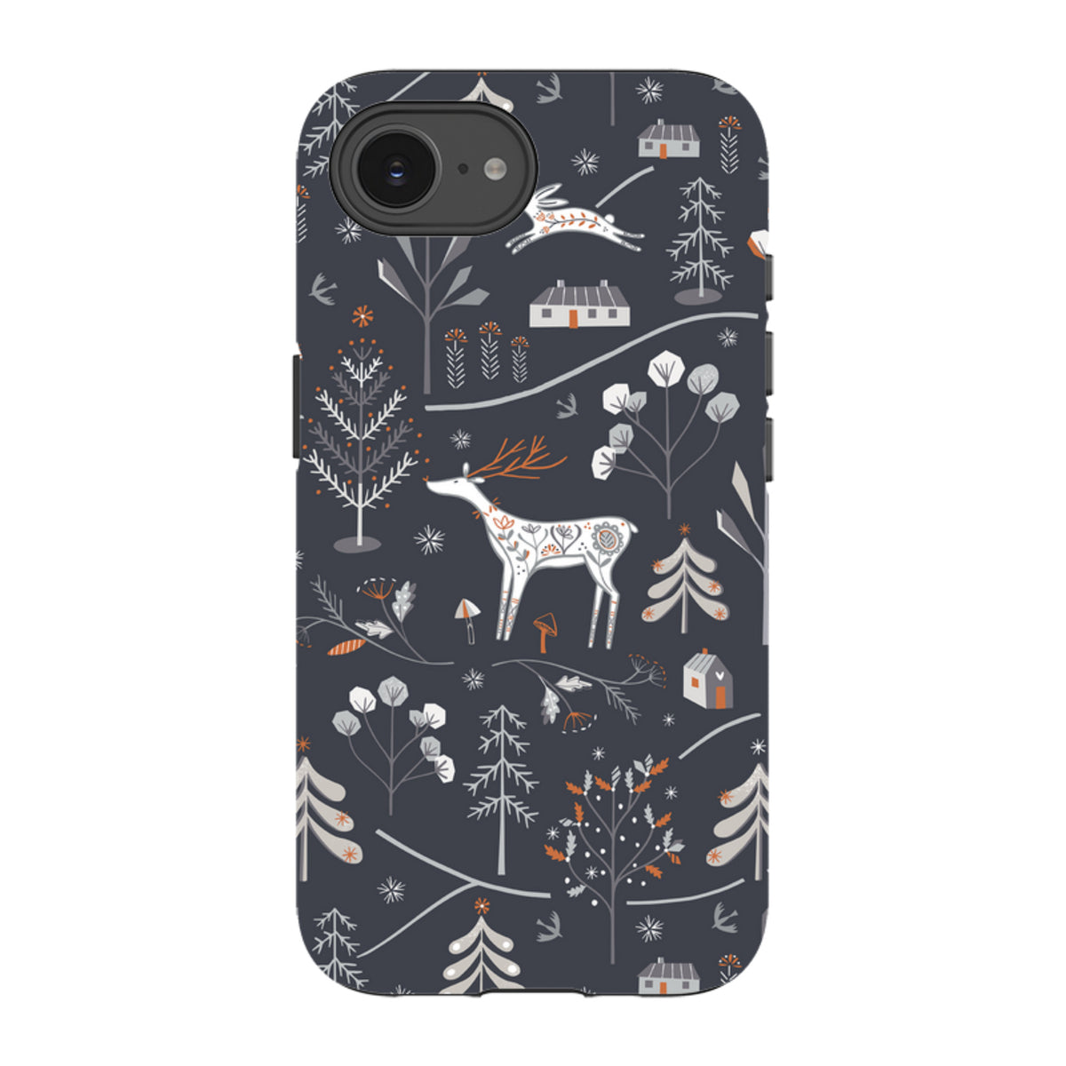 Dual-layer iPhone tough case featuring a dark grey winter forest pattern with white deer, trees, and cabins.