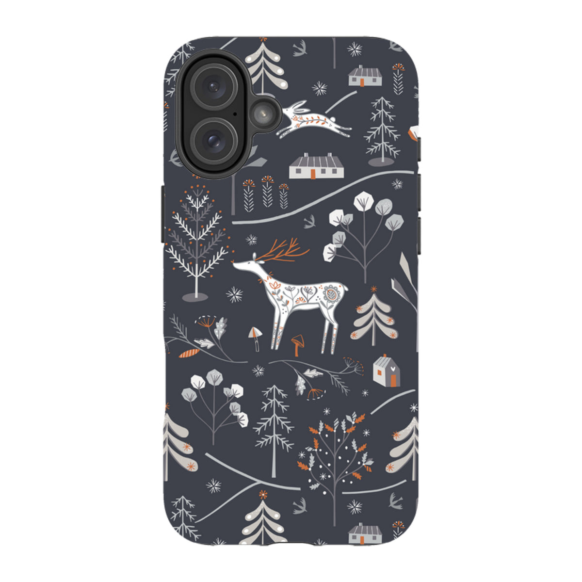 Dual-layer iPhone case with a dark grey winter forest pattern featuring a white deer, trees, and small cottages.
