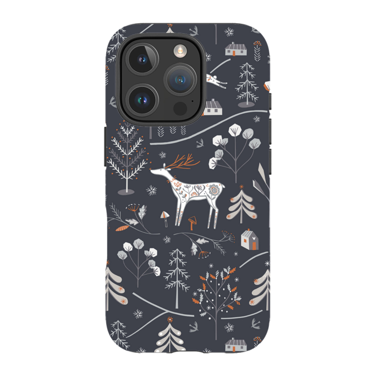 iPhone tough case with dark grey Winterfold B deer and forest pattern by Ali Brookes, featuring dual-layer protection.