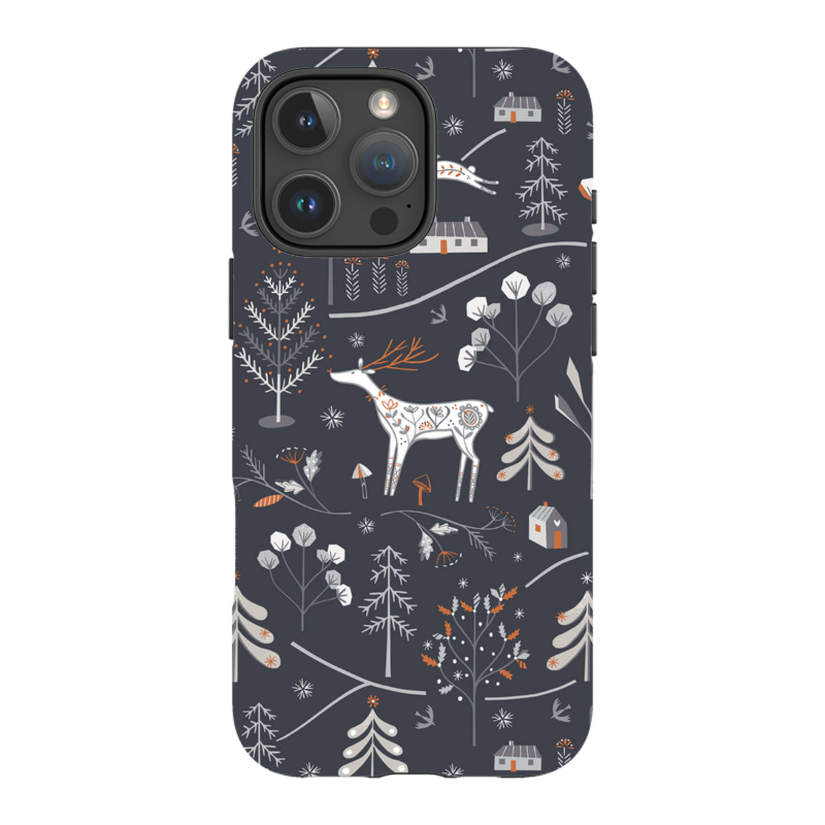 iPhone tough case featuring a dark grey winter forest pattern with white deer, stylized trees, and cabins by Ali Brookes.