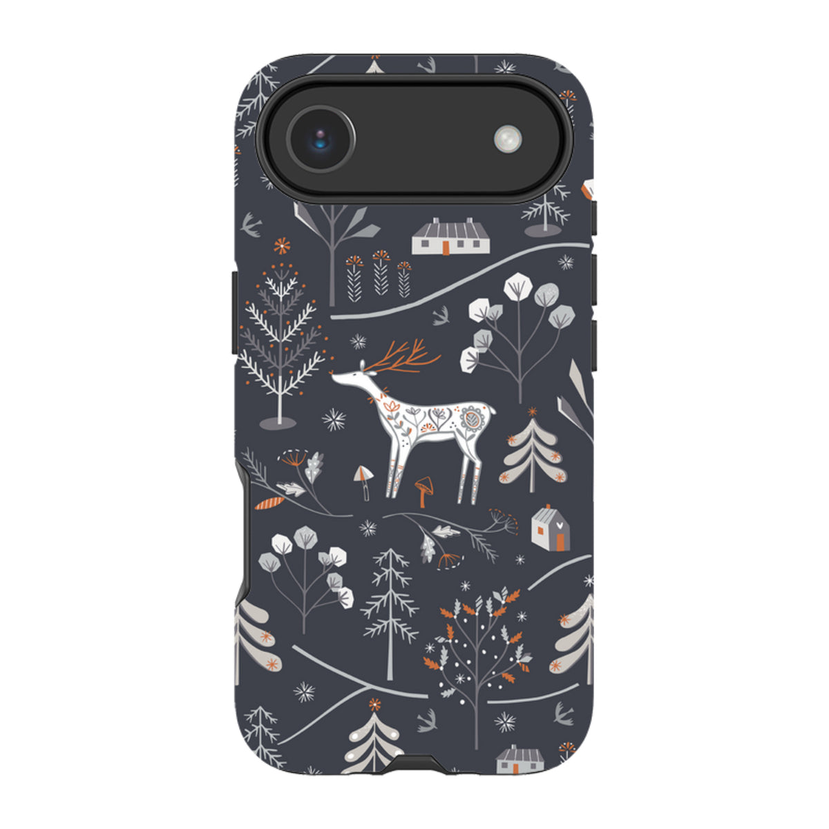Dual-layer iPhone tough case with a dark grey winter forest pattern featuring a white deer, trees, and small cabins.