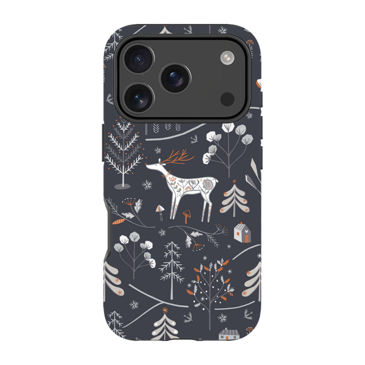 iPhone tough case featuring a dark grey winter forest pattern with a white deer, stylized trees, and small houses.
