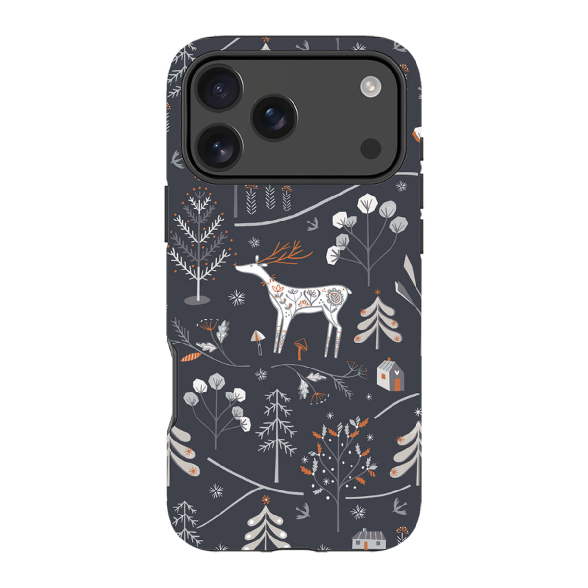 Dual-layer iPhone case with a dark grey winter forest pattern featuring a white deer, stylized trees, and small cabins.