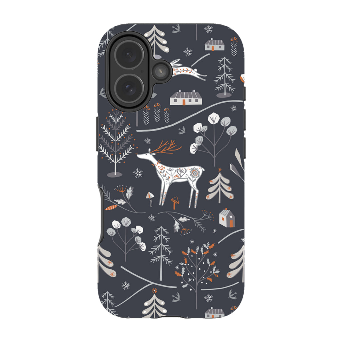 Dual-layer iPhone tough case featuring a dark grey winter forest pattern with white deer, trees, and cabins.