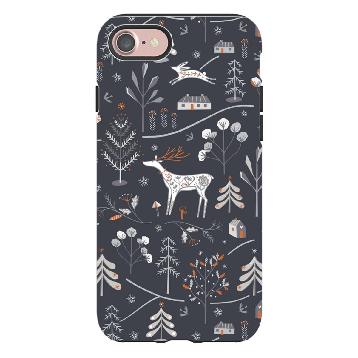 Dual-layer iPhone tough case featuring a dark grey winter forest pattern with white deer, rabbits, and trees.