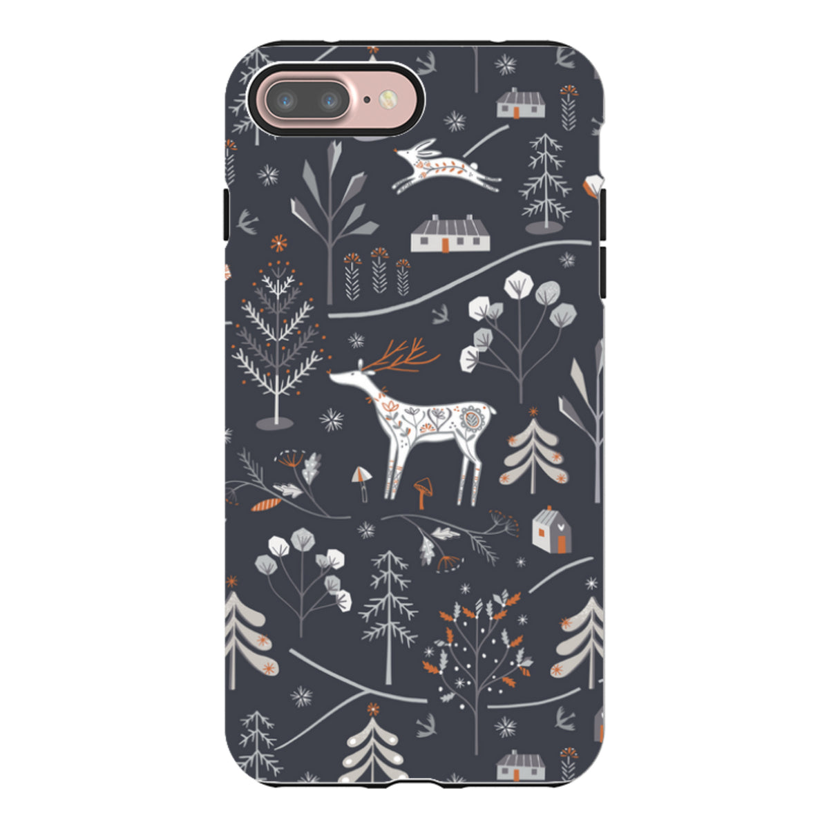 Dual-layer iPhone tough case featuring a dark grey winter forest pattern with white deer, rabbits, and small houses.