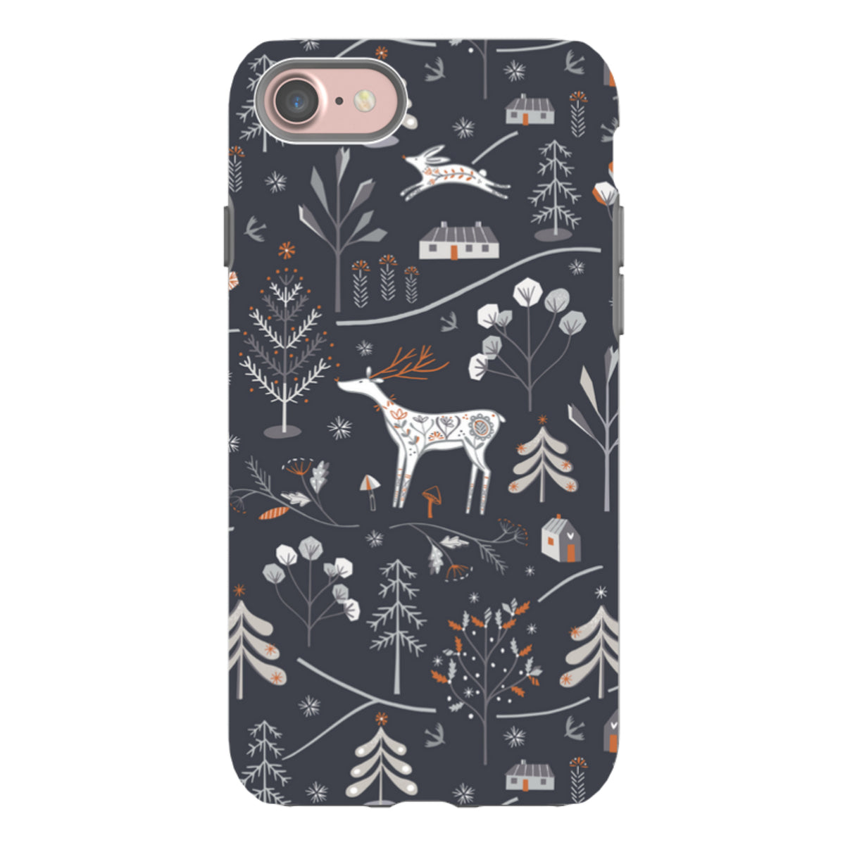 iPhone tough case featuring a dark grey winter forest pattern with white deer, trees, and cabins by Ali Brookes.