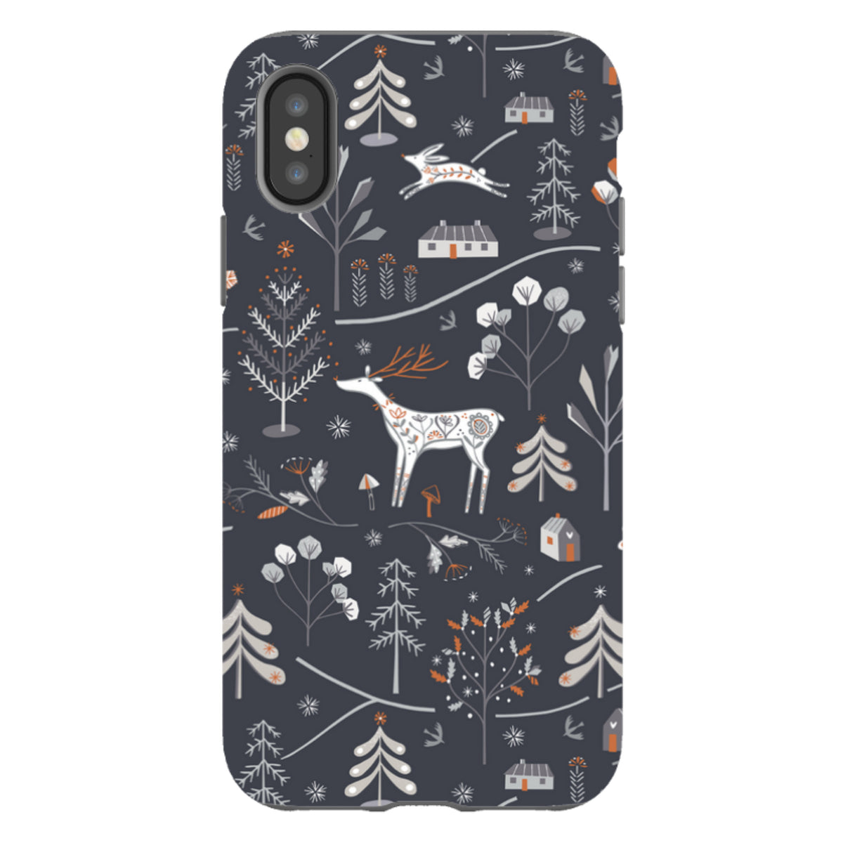 Dual-layer iPhone case with dark grey Winterfold B folk art print featuring a white deer, trees, and cabins.