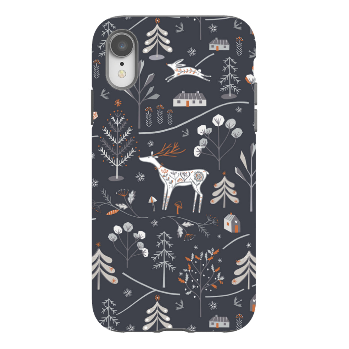 iPhone tough case featuring a dark grey winter forest pattern with white deer, trees, and cabins by Ali Brookes.