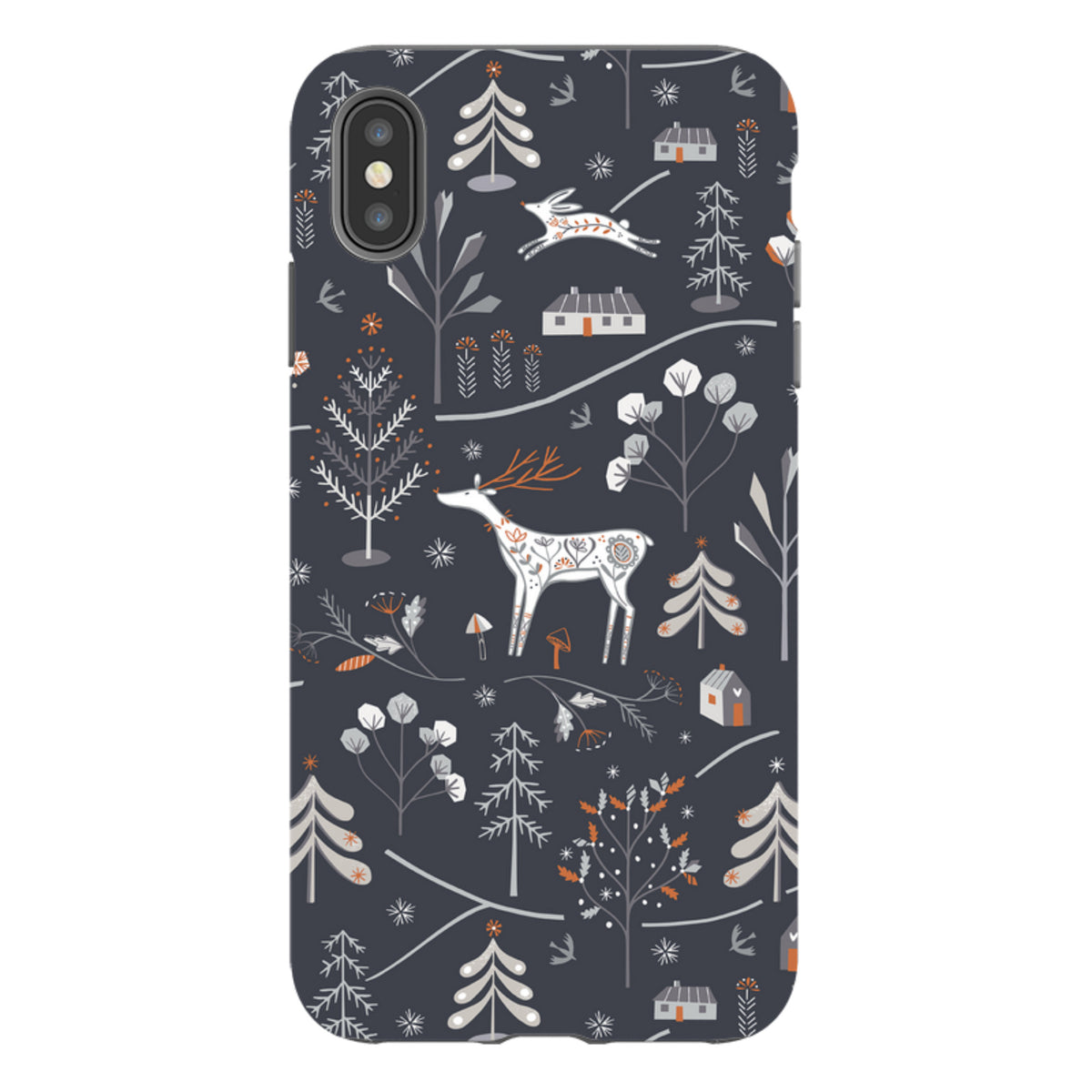 Dual-layer iPhone tough case featuring a dark grey winter forest pattern with white deer, rabbits, and stylized trees.