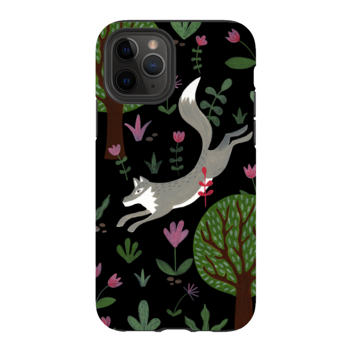 Dual-layer iPhone tough case featuring a leaping wolf, stylized trees, and pink flowers on a black background.