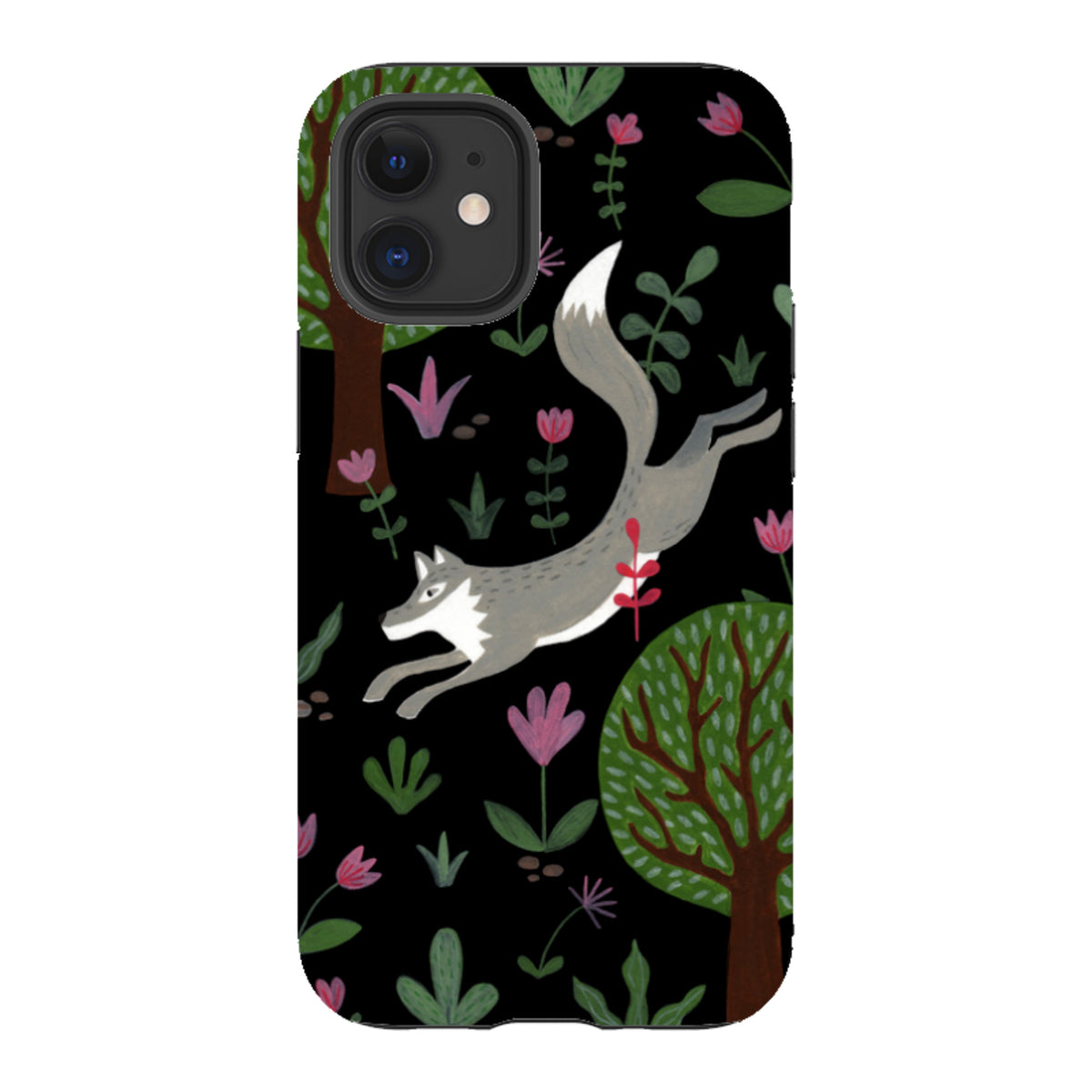 Dual-layer iPhone tough case featuring a leaping grey wolf, green trees, and colorful flowers on a black background.