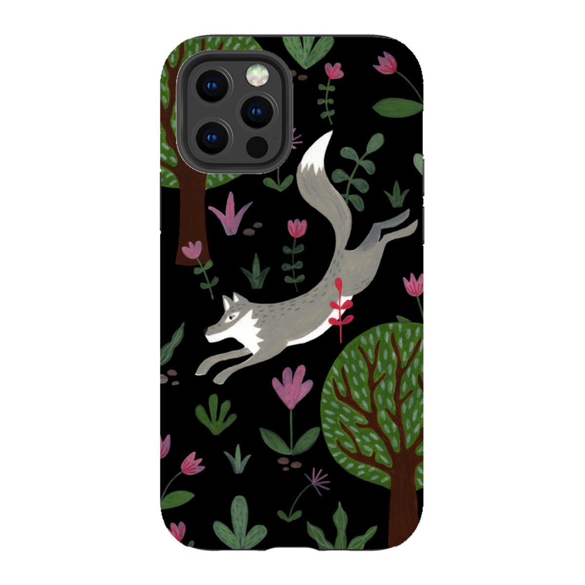 iPhone tough case with a black background featuring a leaping grey wolf, green trees, and pink flowers by Bex Parkin.