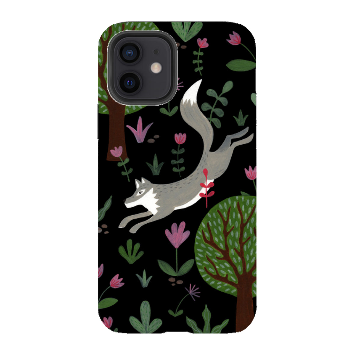Dual-layer iPhone case featuring a leaping grey wolf, stylized trees, and pink flowers on a black background.