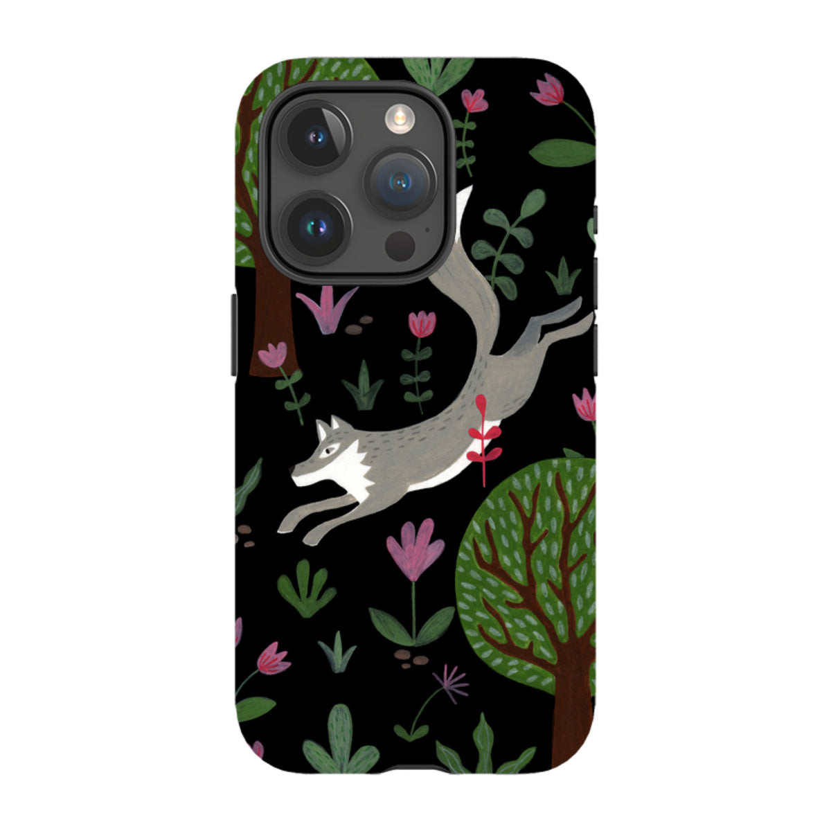 iPhone tough case featuring a leaping wolf, trees, and pink flowers on a black background with dual-layer protection.