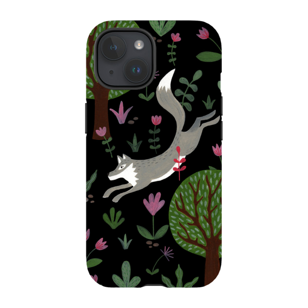 Dual-layer iPhone case featuring a leaping grey wolf, trees, and colorful flowers on a black background.