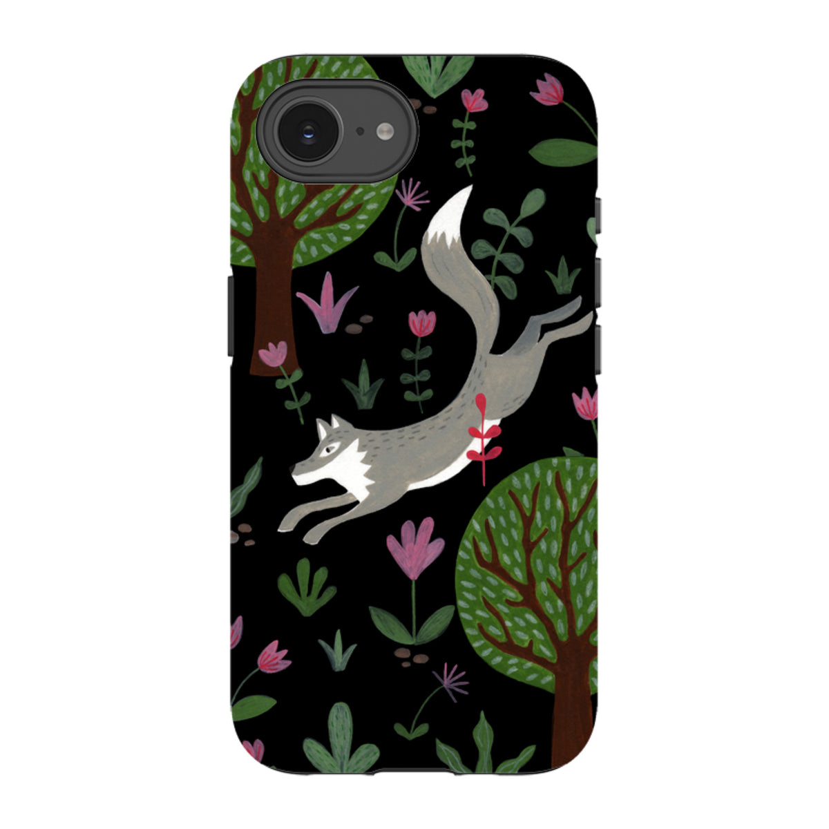 Dual-layer iPhone tough case featuring a leaping grey wolf, green trees, and colorful flowers on a black background.