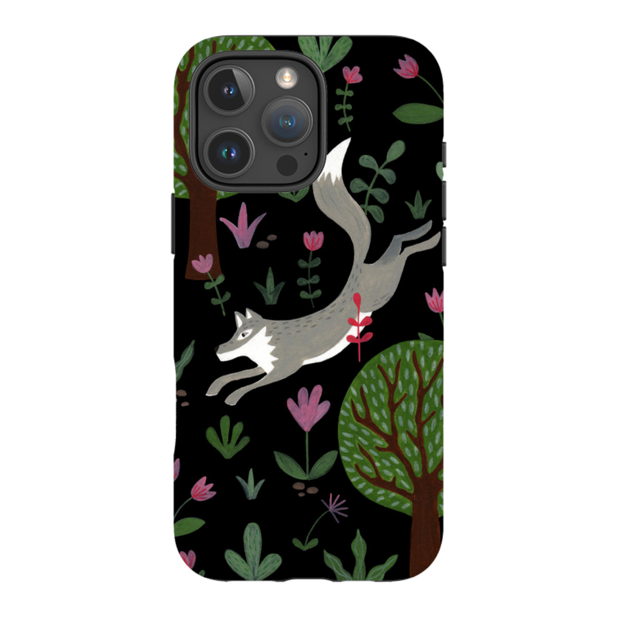 Dual-layer iPhone tough case featuring a leaping grey wolf, green trees, and pink flowers on a black background.