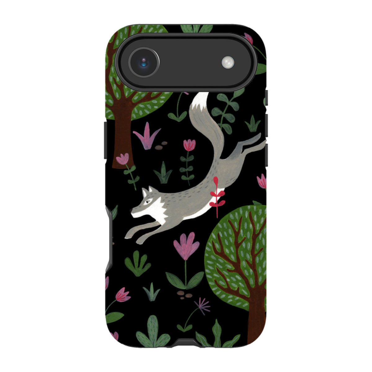 Dual-layer iPhone tough case featuring a leaping wolf, trees, and floral art on a black background.