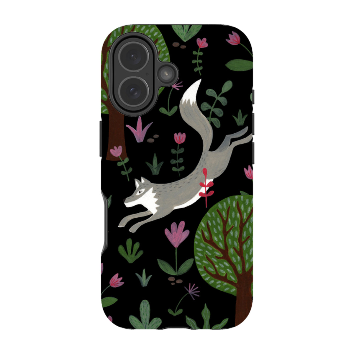 Dual-layer iPhone tough case featuring a grey wolf leaping through stylized trees and flowers on a black background.