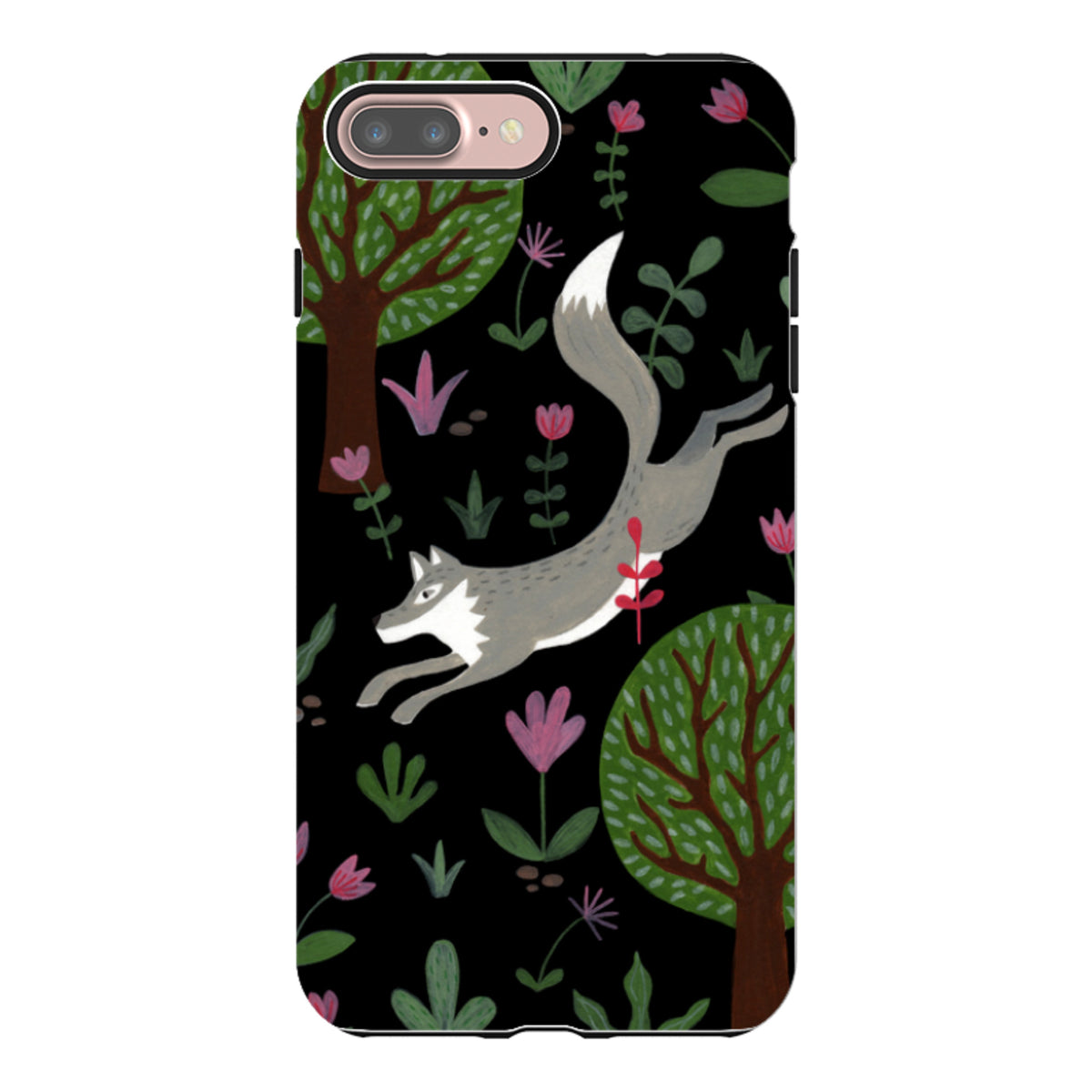 Dual-layer iPhone tough case featuring a leaping wolf, green trees, and pink flowers on a black background.
