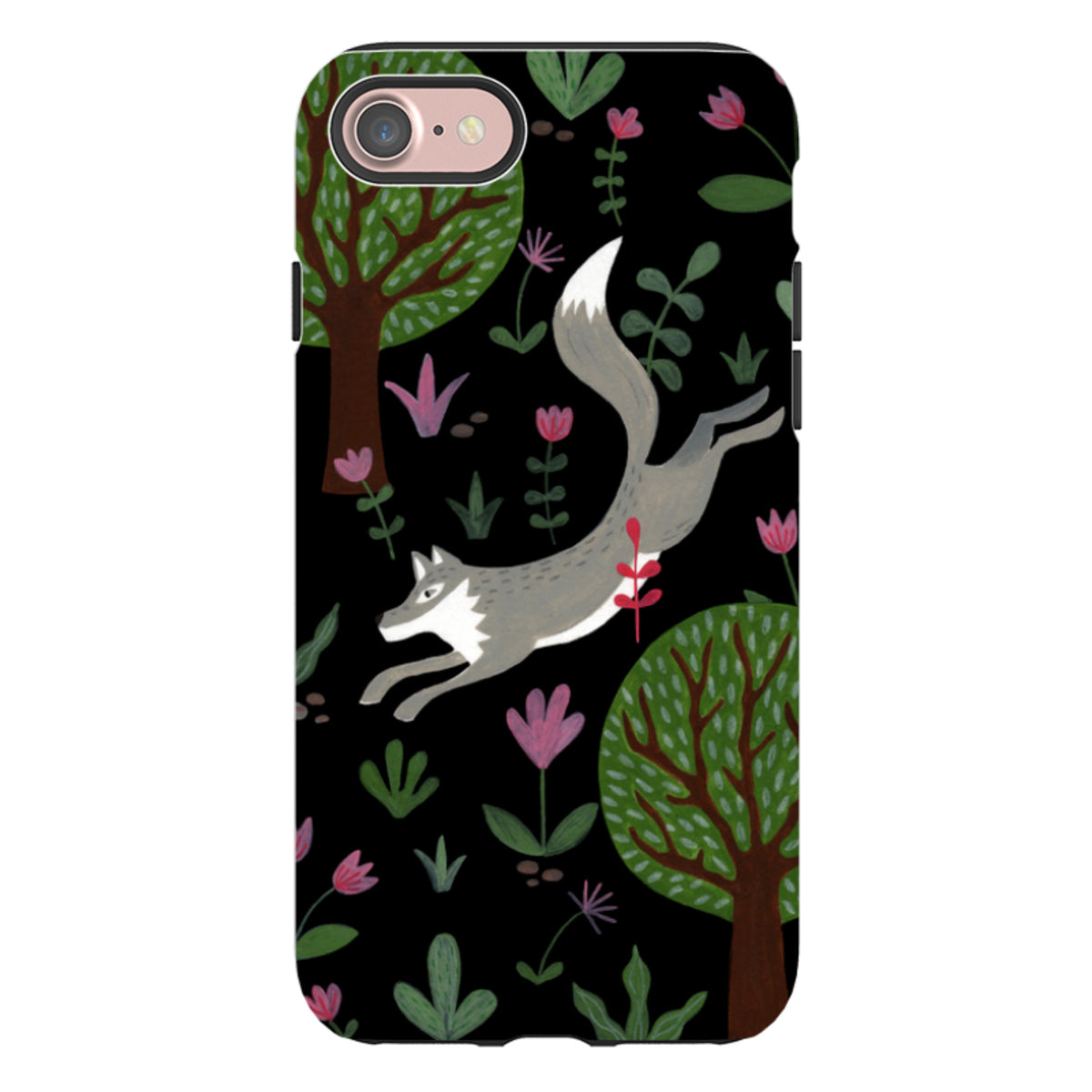 Dual-layer iPhone case featuring a leaping grey wolf, stylized trees, and colorful flowers on a black background.