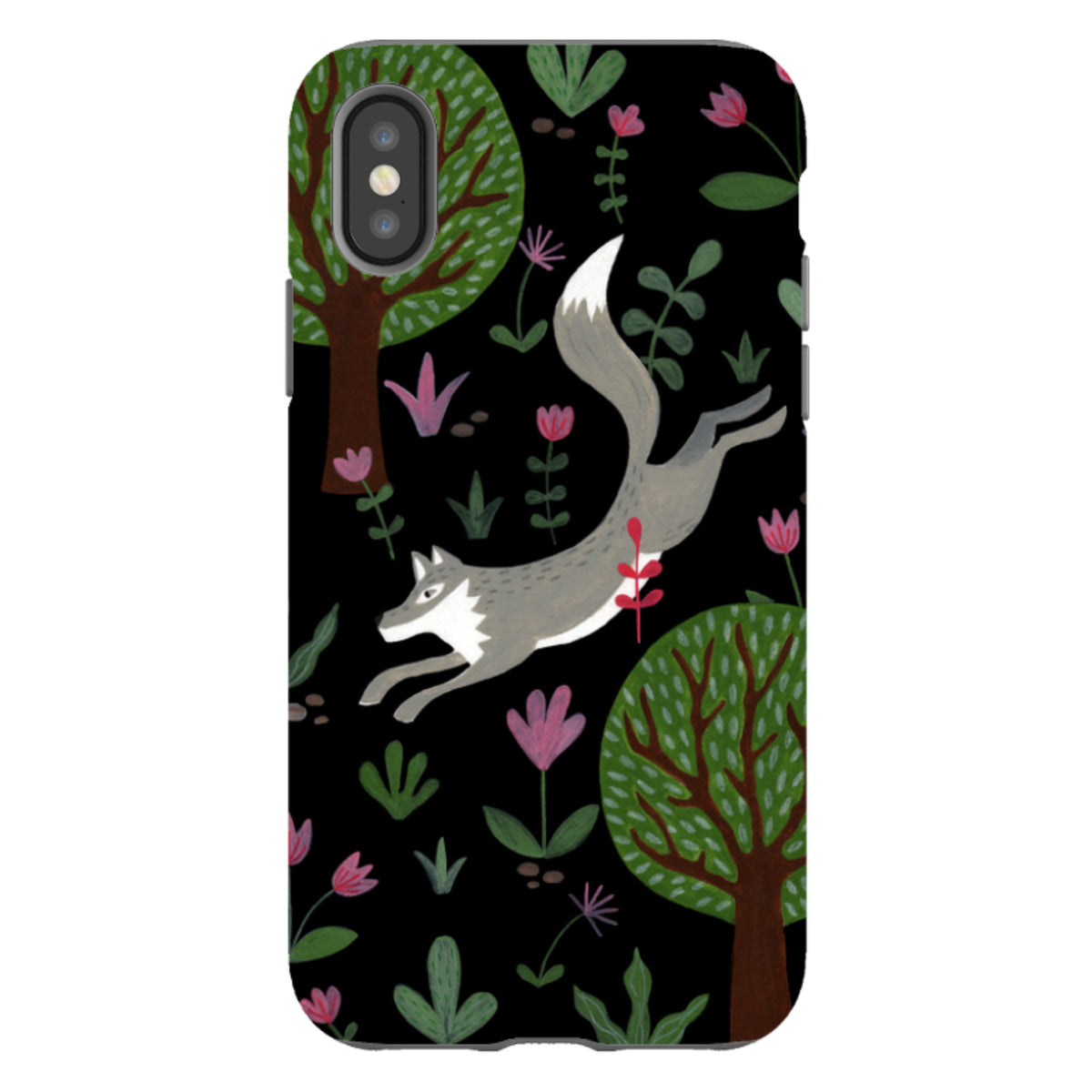 Dual-layer iPhone tough case featuring a leaping grey wolf, green trees, and pink flowers on a black background.