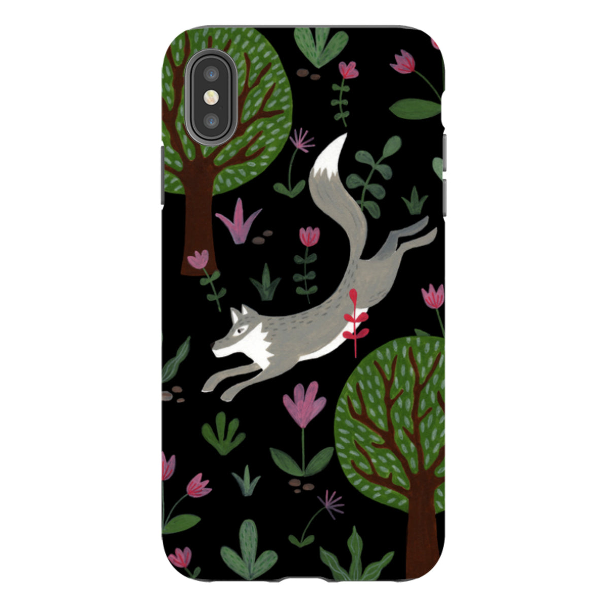Dual-layer iPhone tough case featuring a leaping wolf, green trees, and pink flowers on a black background.
