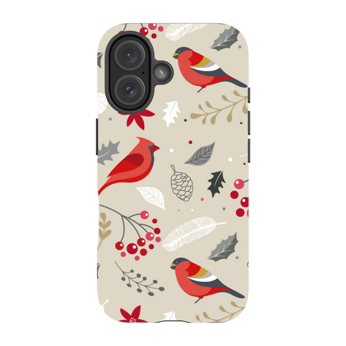 iPhone Tough Case in Wonderland design featuring red birds, berries, and winter foliage on a beige background.