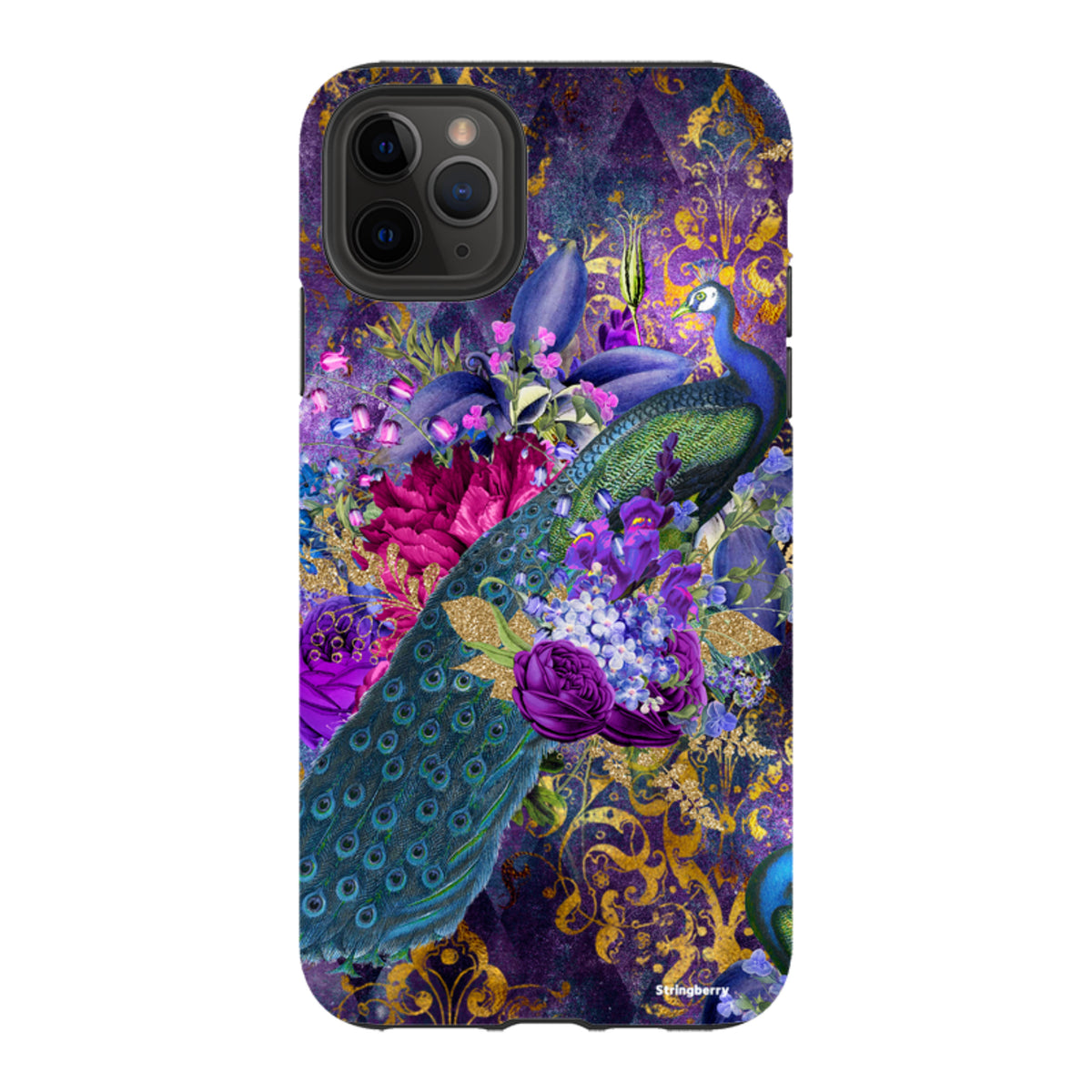 iPhone tough case featuring a vibrant peacock and floral design in purple, blue, and gold on a dual-layer protective shell.