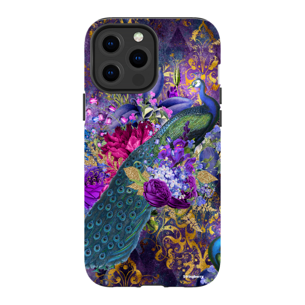 iPhone tough case featuring a vibrant peacock and floral design with purple, gold, and teal accents on a dual-layer shell.