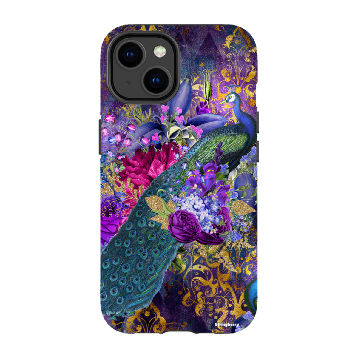 Dual-layer iPhone case featuring a vibrant peacock and floral art print in shades of purple, blue, and gold.