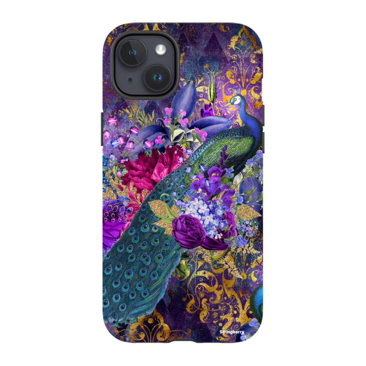 iPhone tough case featuring a vibrant peacock and floral design in shades of purple, blue, and gold on a dual-layer shell.