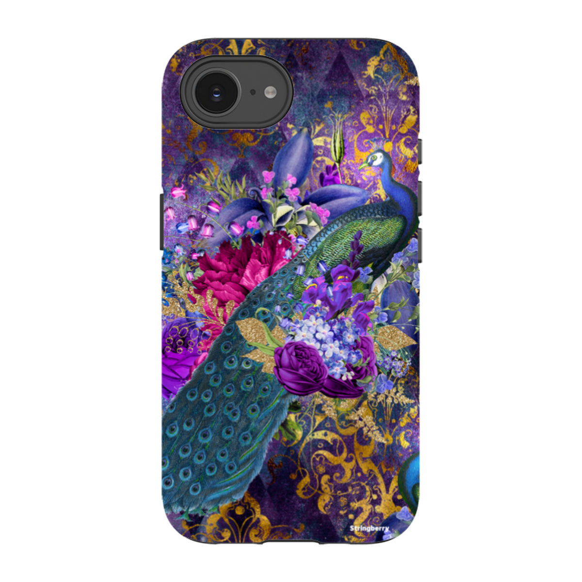 iPhone Tough Case featuring a vibrant peacock and floral design in purple and gold on a durable dual-layer shell.