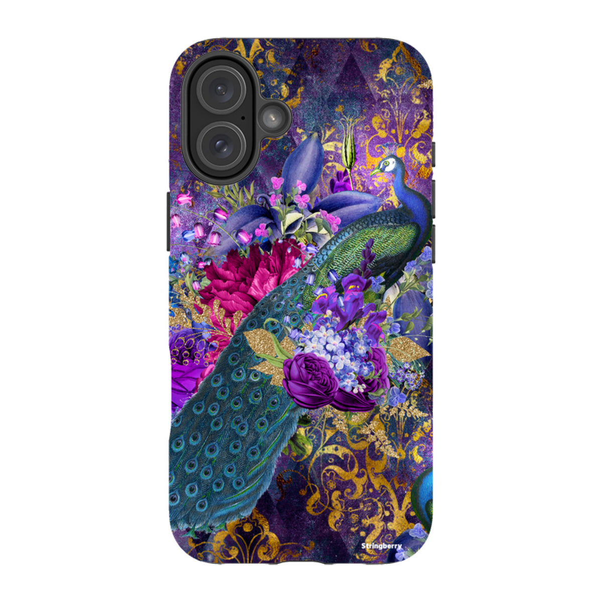 iPhone tough case featuring a vibrant peacock and floral art print on a purple and gold patterned background.
