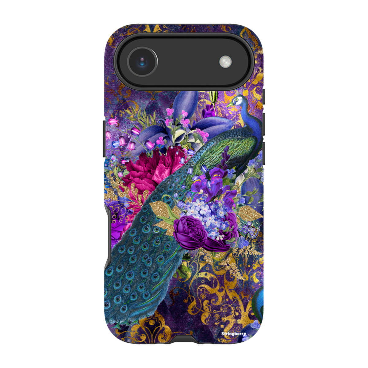 iPhone tough case featuring a peacock and floral design in vibrant purple, blue, and gold on a durable dual-layer shell.