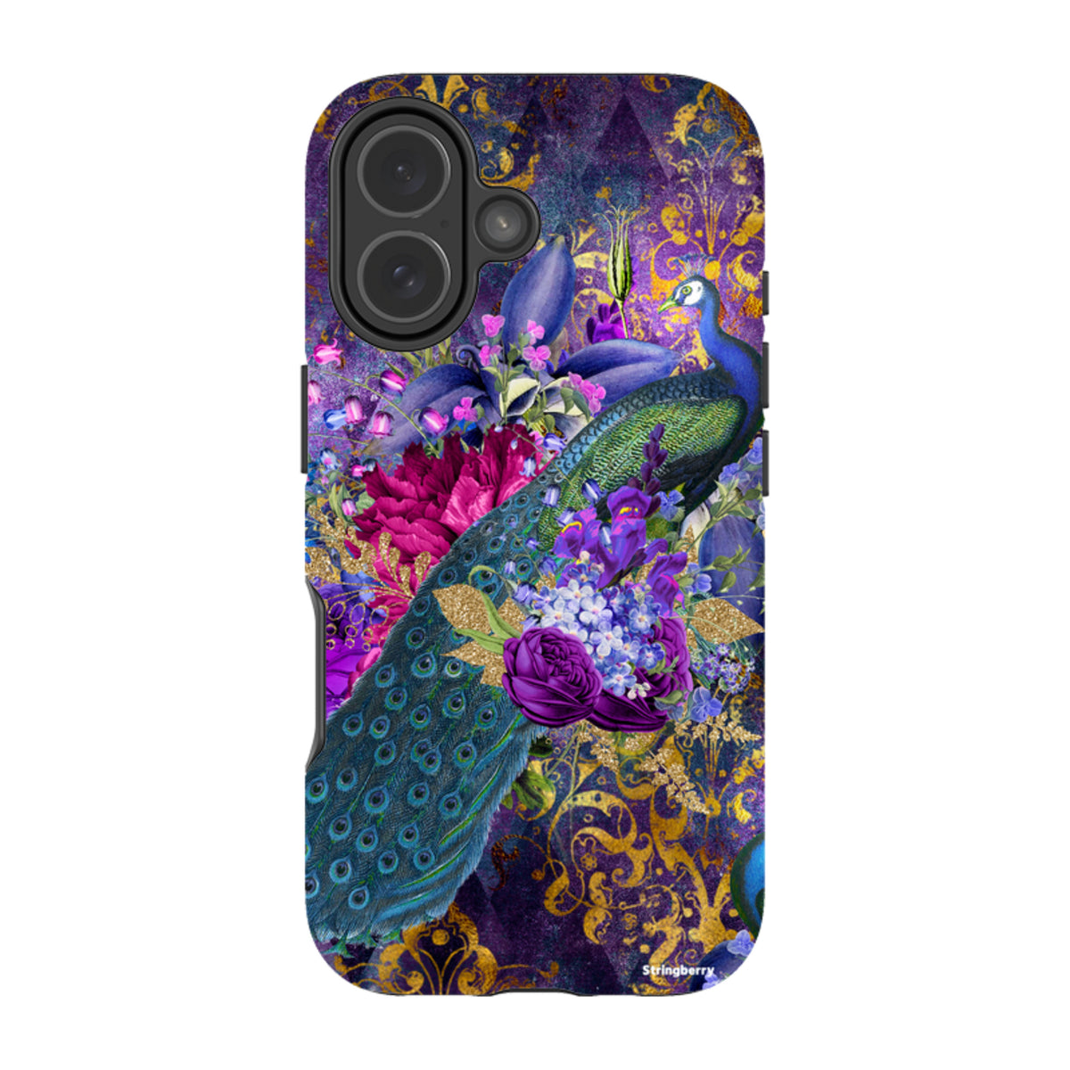 Dual-layer iPhone tough case featuring a vibrant peacock and floral design with purple, blue, and gold ornate patterns.