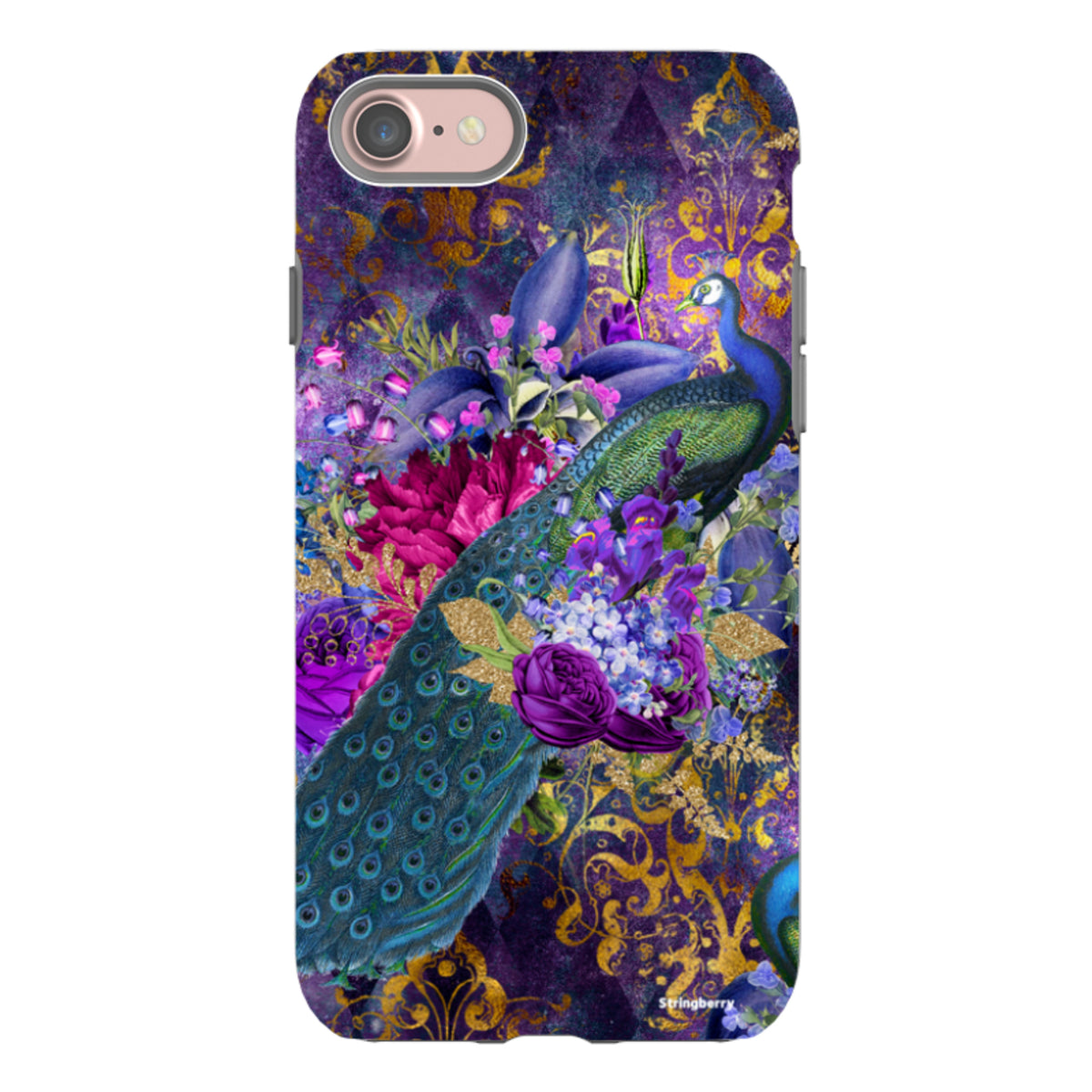iPhone tough case featuring a vibrant peacock and floral design in purple and gold on a durable dual-layer protective shell.