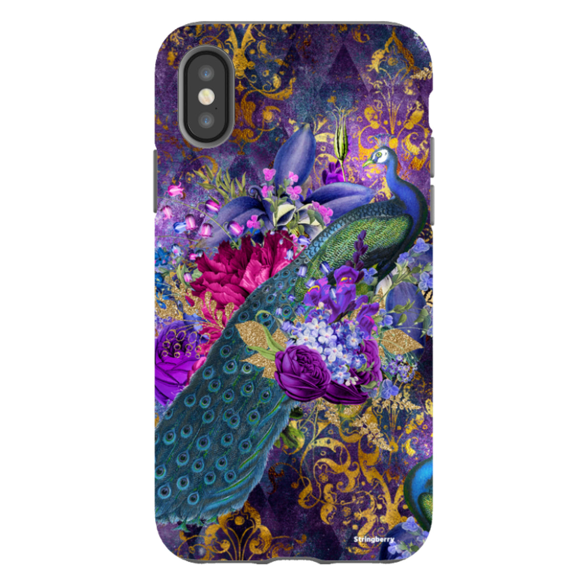 iPhone tough case featuring a vibrant peacock, purple floral arrangements, and intricate gold damask patterns.