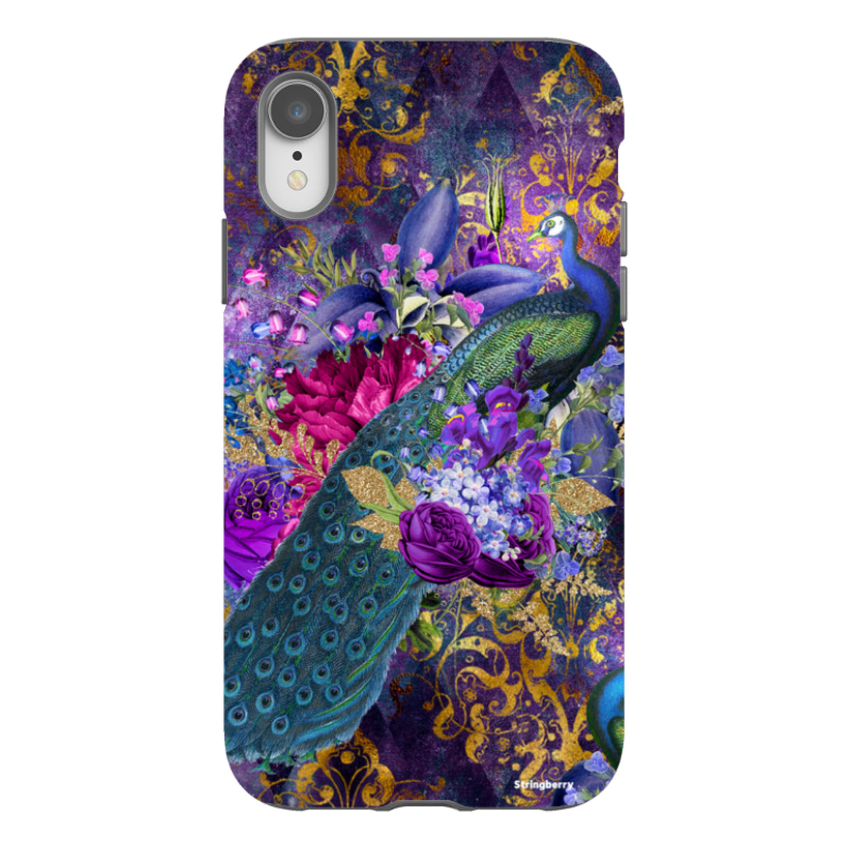 iPhone Tough Case featuring a vibrant peacock and floral design on a purple and gold ornate background.