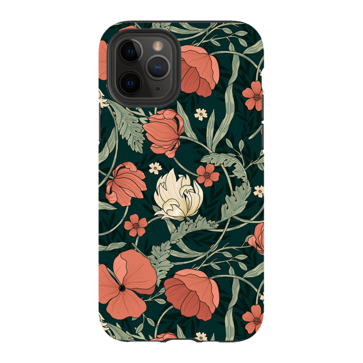 iPhone Tough Case in Woodcroft floral print with red poppies and cream flowers on a dark green background.