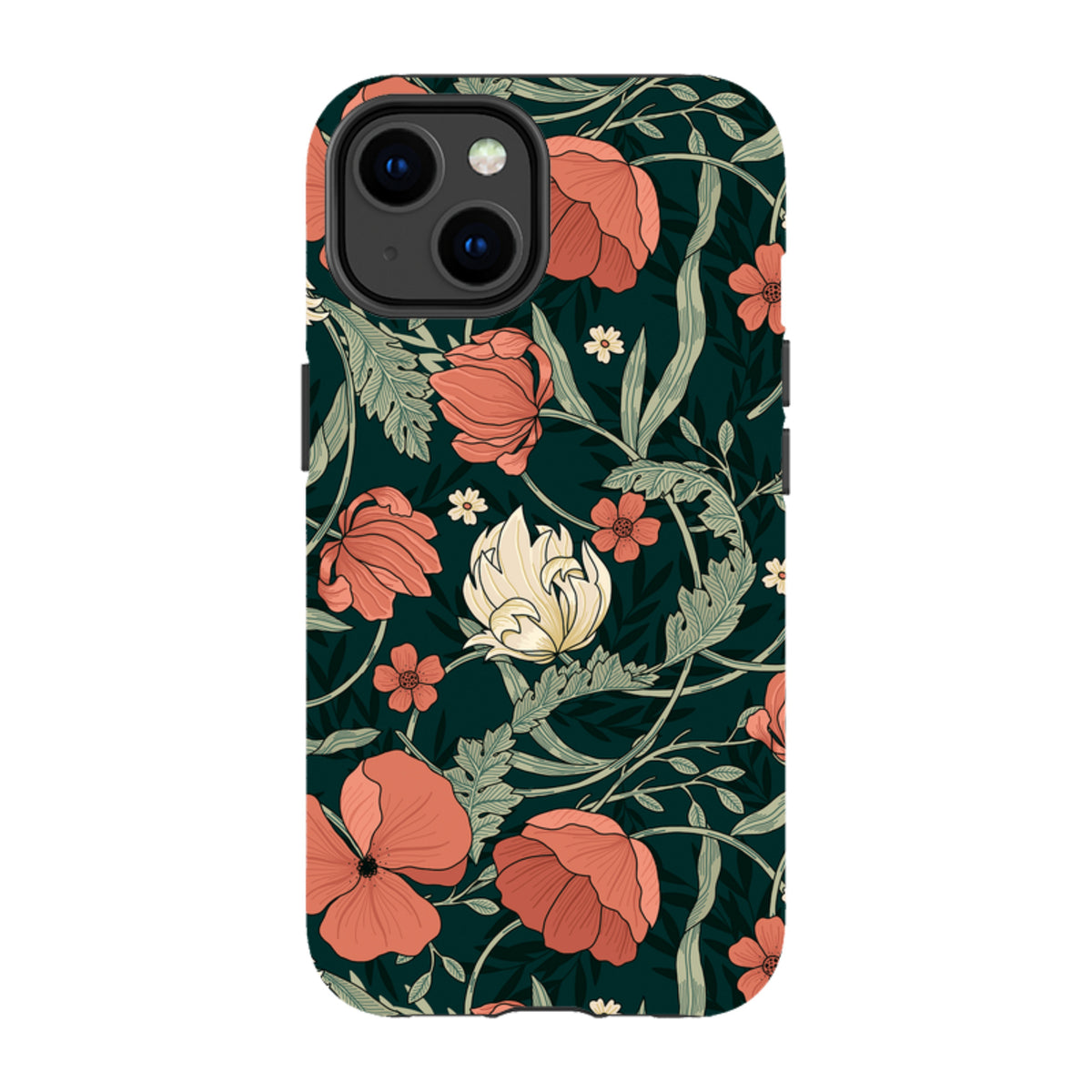 iPhone Tough Case featuring a dark green background with a vibrant red and white floral botanical art pattern.