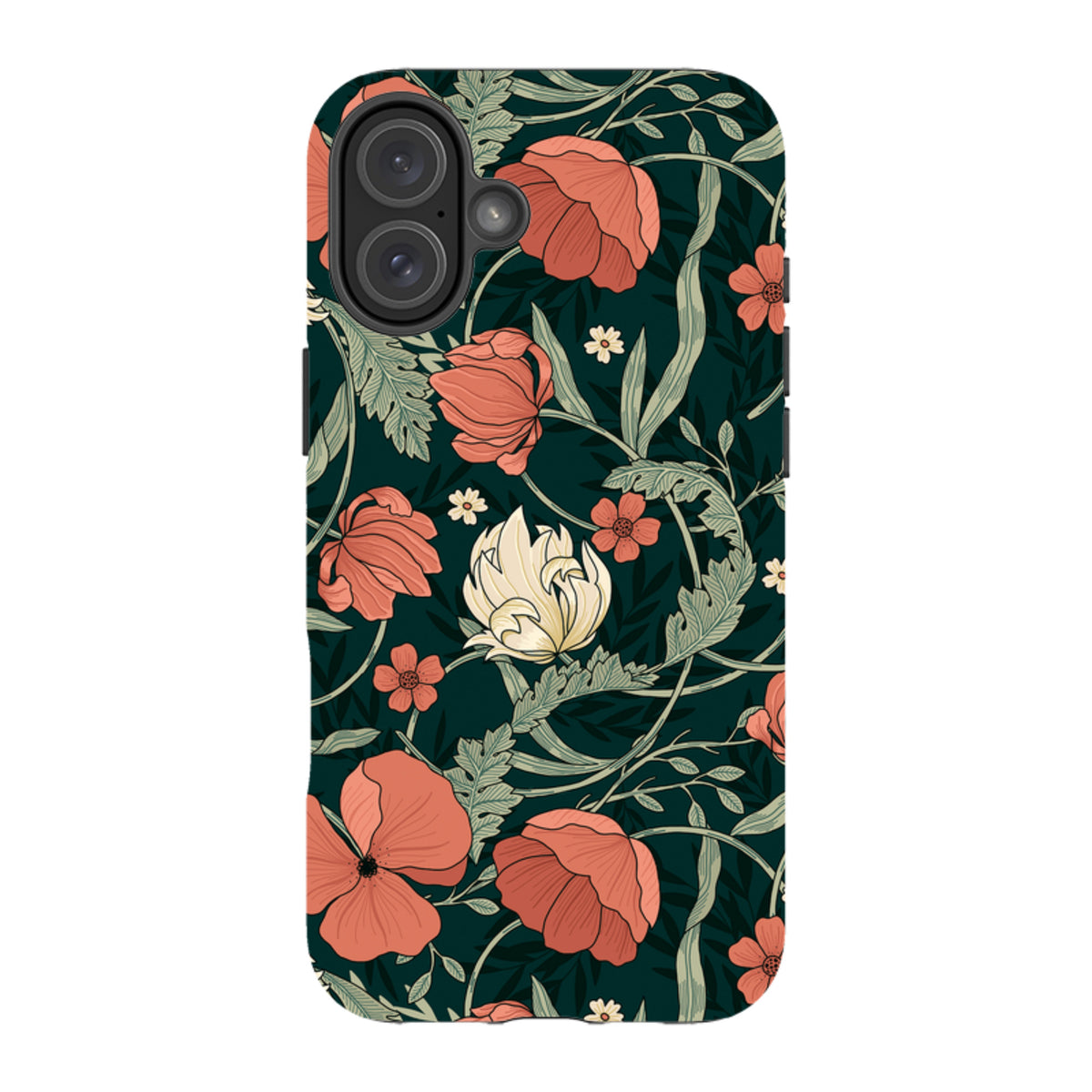 iPhone Tough Case featuring a dark green floral pattern with red and white poppies and intricate botanical leaves.