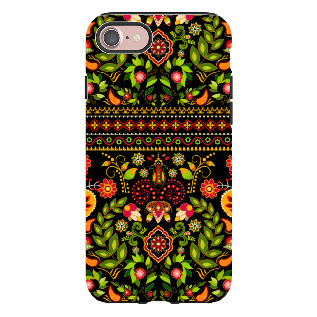 Worplesdon iPhone tough case featuring a vibrant, high-definition floral and geometric pattern on a black background.