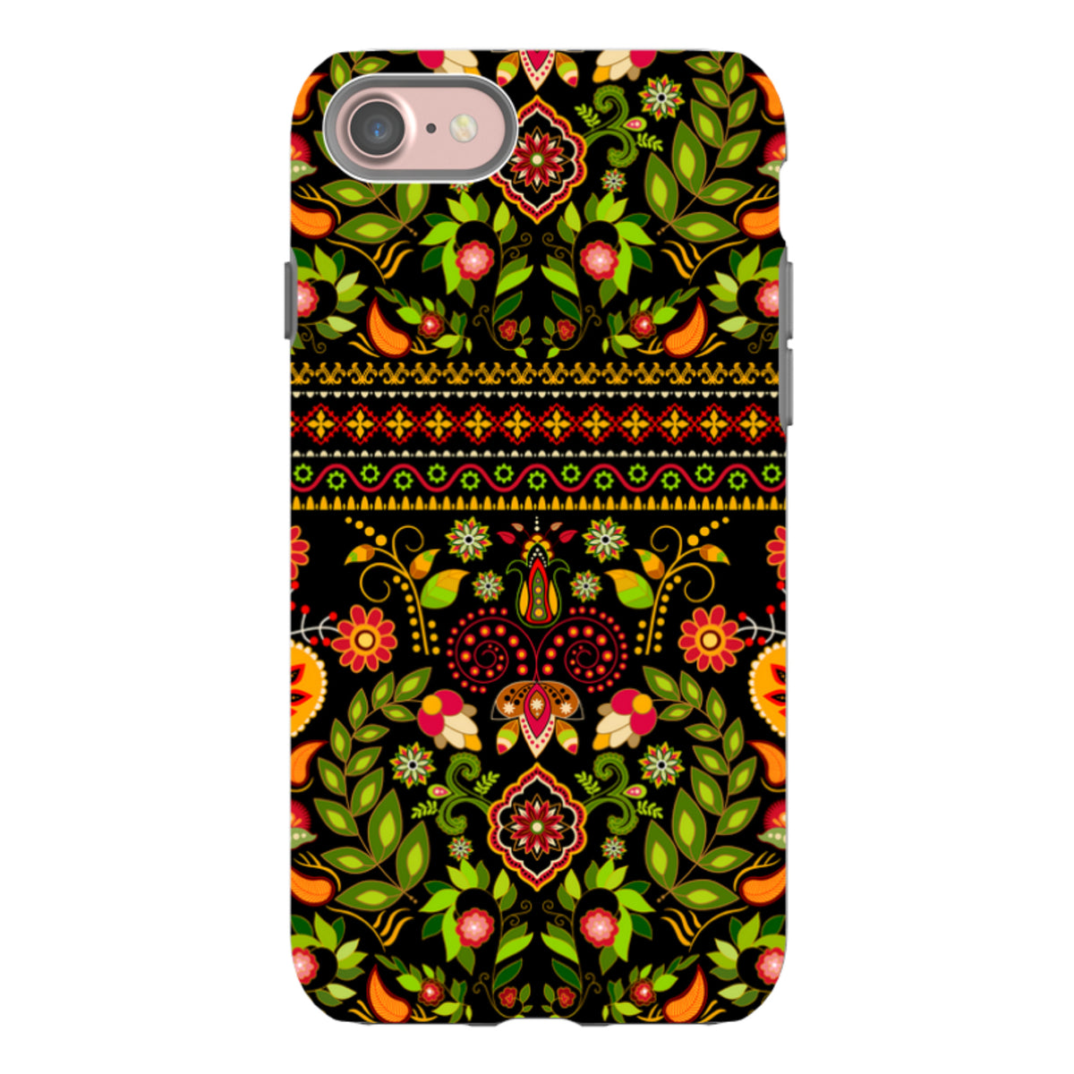 iPhone Tough Case featuring a vibrant, black-background floral folk art pattern with red, green, and orange accents.