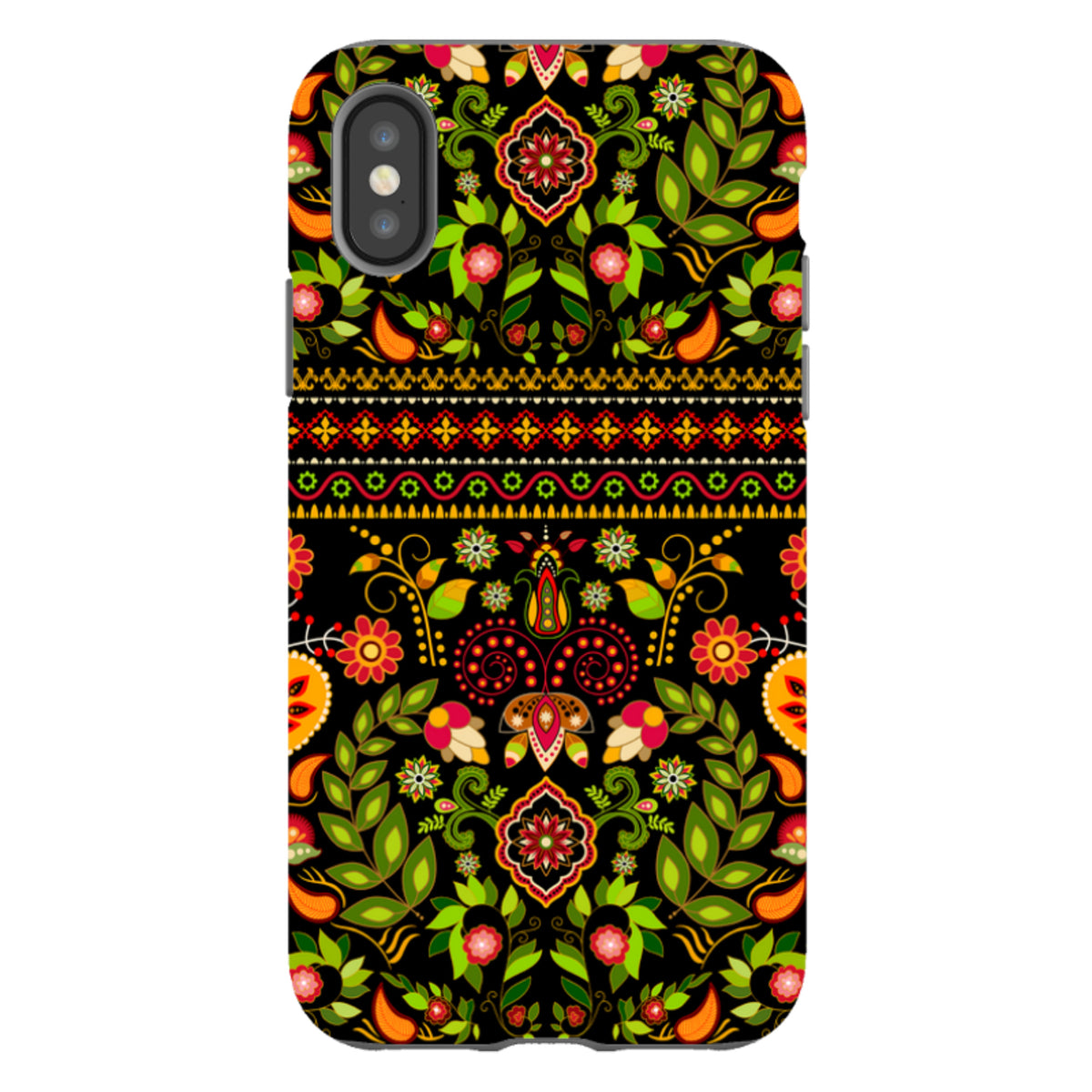 iPhone Tough Case featuring a vibrant, high-definition floral folk art pattern on a black background with dual-layer design.
