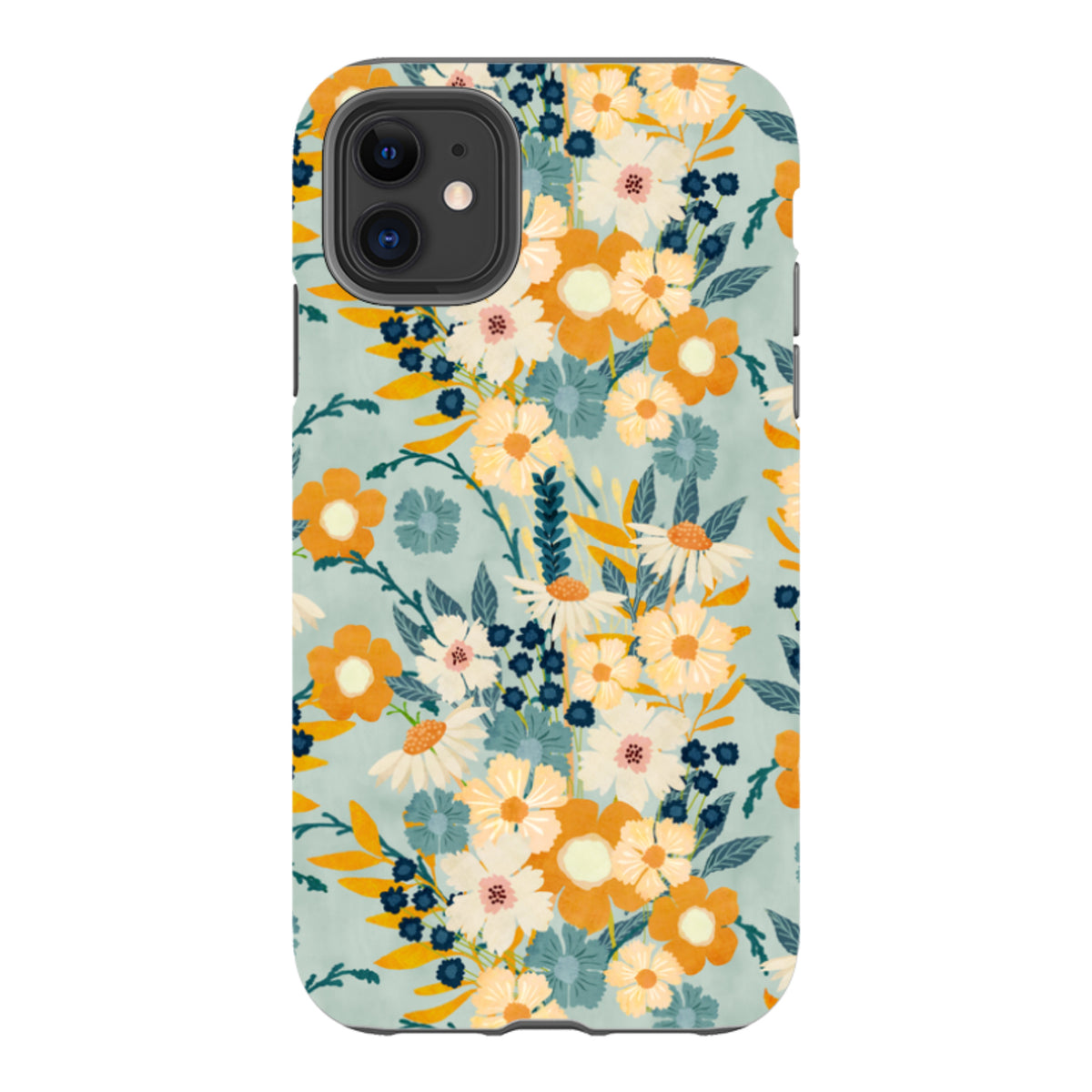 iPhone tough case featuring a yellow and blue floral pattern by Katherine Quinn with dual-layer protective construction.